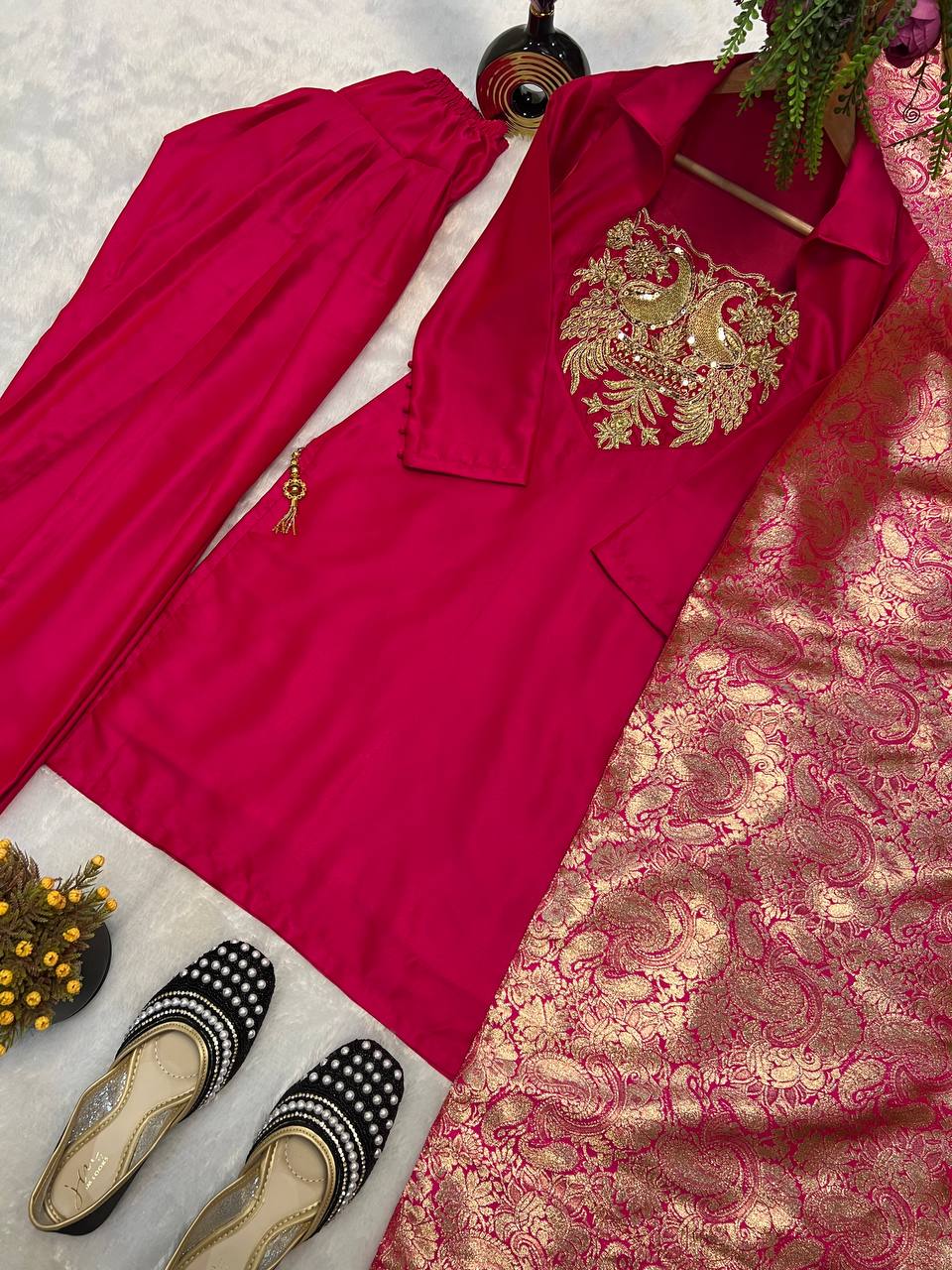 Regal Pink Peacock-Embellished Gala Suit